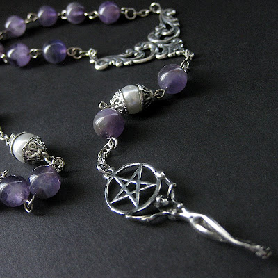 Amethyst Gemstone Rosary Necklace in a Pagan Theme