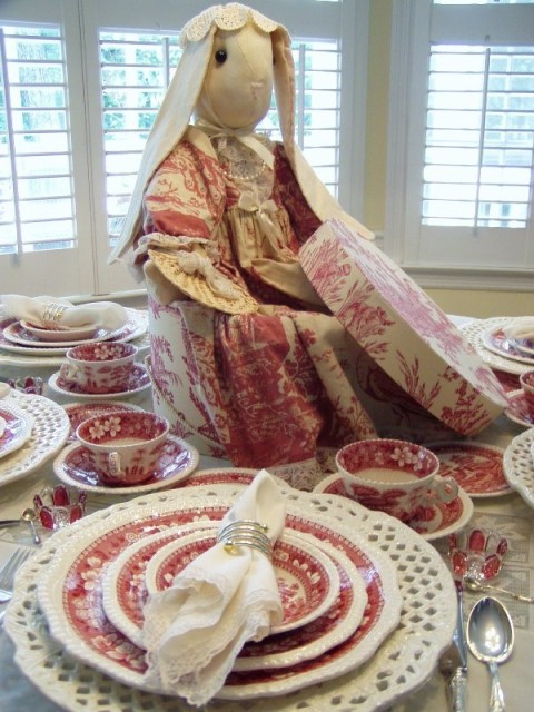 I 39ve placed her in a red and cream toile fabriccovered hat box
