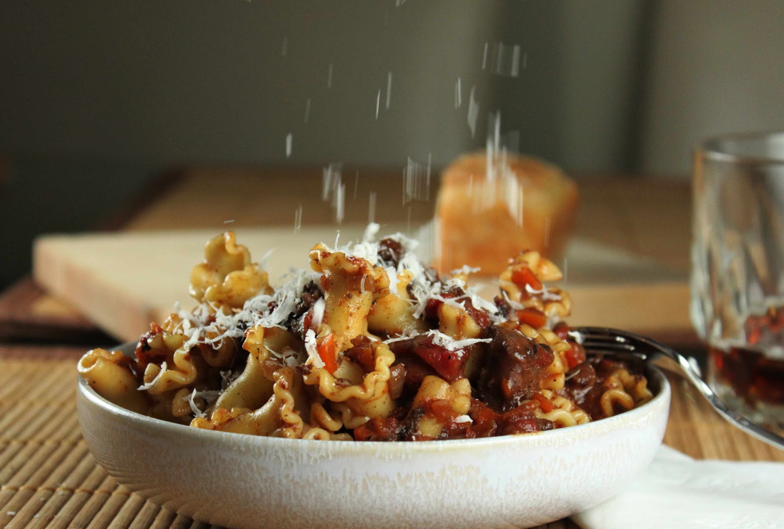 Fat and Happy Blog Tomato Sausage Ragu over Campanelle Pasta