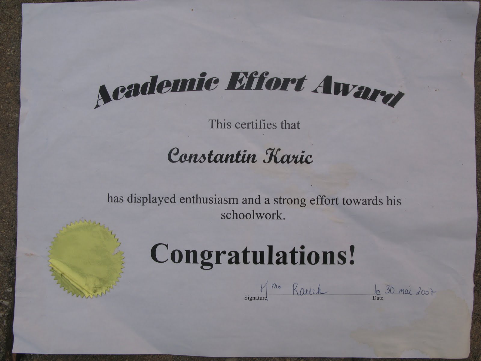 My Home Work AWARD Constantin's ☞ Academic Effort Award