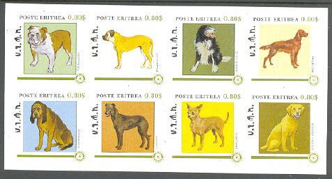1984年エリトリア国 ブルドッグ　ブル・マスティフ　ボーダー・コリー　アイリッシュ・セター　ブラッド・ハウンド　ラーチャー　チワワ　ゴールデン・レトリーバーなど8犬種の切手シート