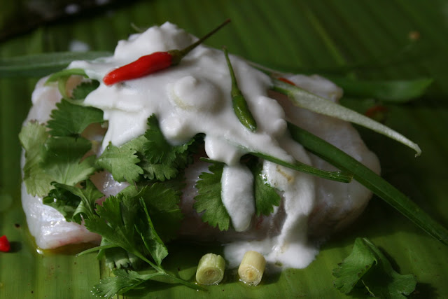 monkfish wrapped in banana leaves, with coconut/chilli/lemongrass