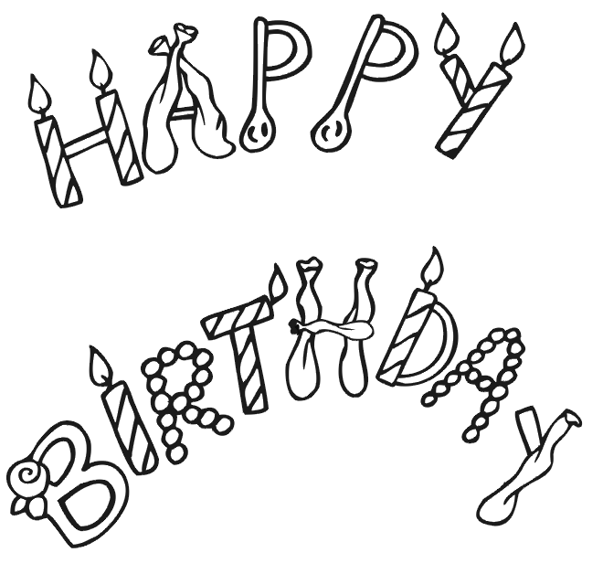 Happy Birthday coloring pages with candle and balloon designs title=