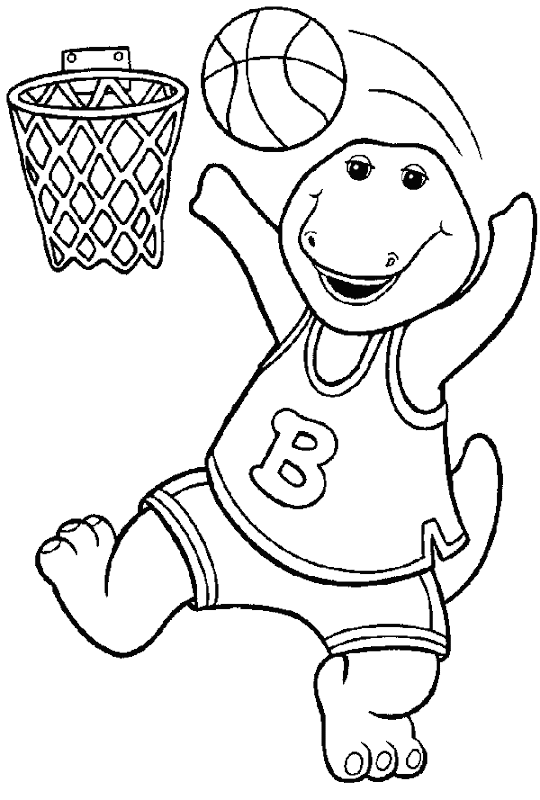 Barney tries basketball in this coloring sheet title=