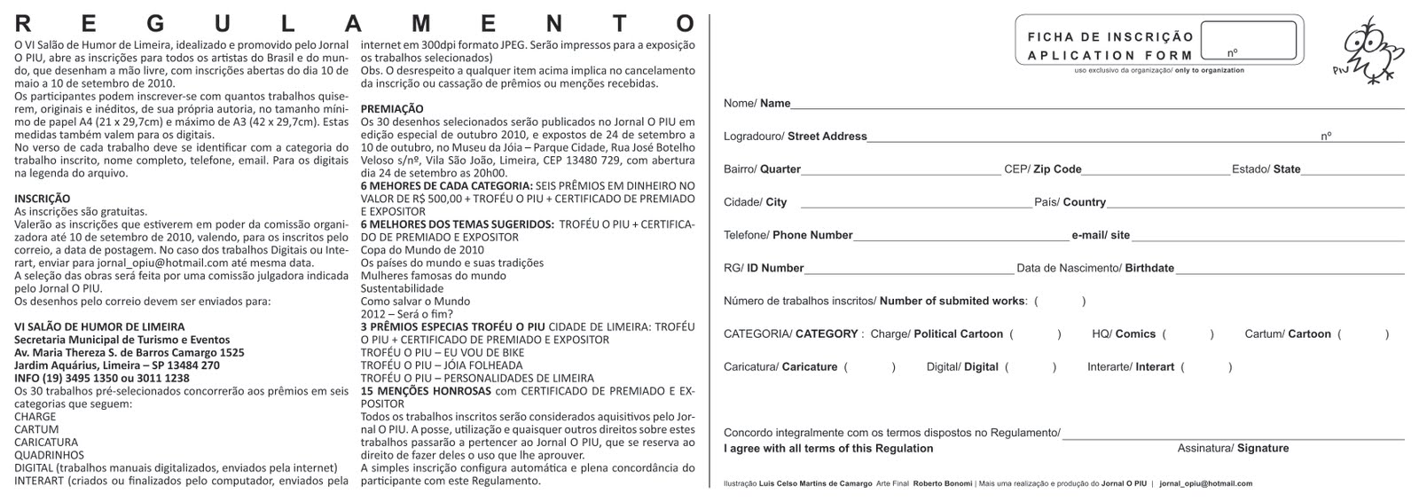 FICHA DE INSCRIÇÃO DO VI SALÃO DE HUMOR DE LIMEIRA