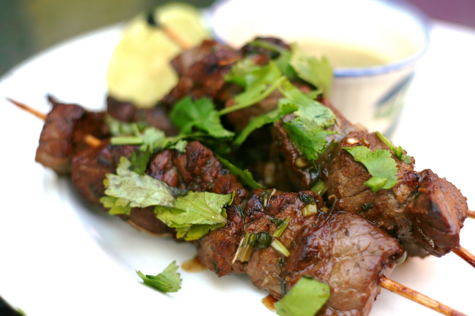 Antics of a cycling cook Beef satay skewers with peanut dipping sauce