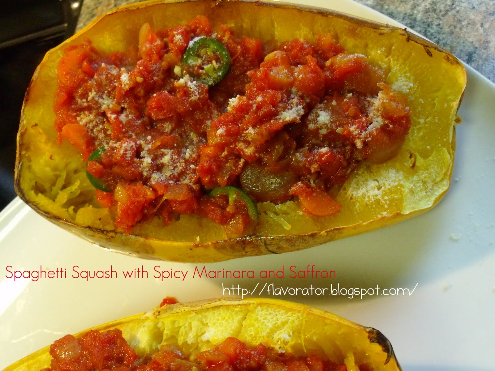 fLAVORATOr Spaghetti Squash with Spicy Marinara and Saffron + Roasted Spaghetti Squash Seeds
