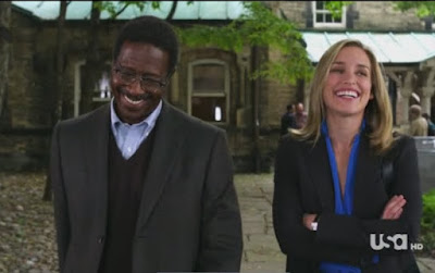 Covert Affairs Pilot episode screencaps Annie Walker Piper Perabo CIA agent images photos pictures screengrabs captures Russian professor teacher Dr. Mark Ramsay Clarke Peters university laugh