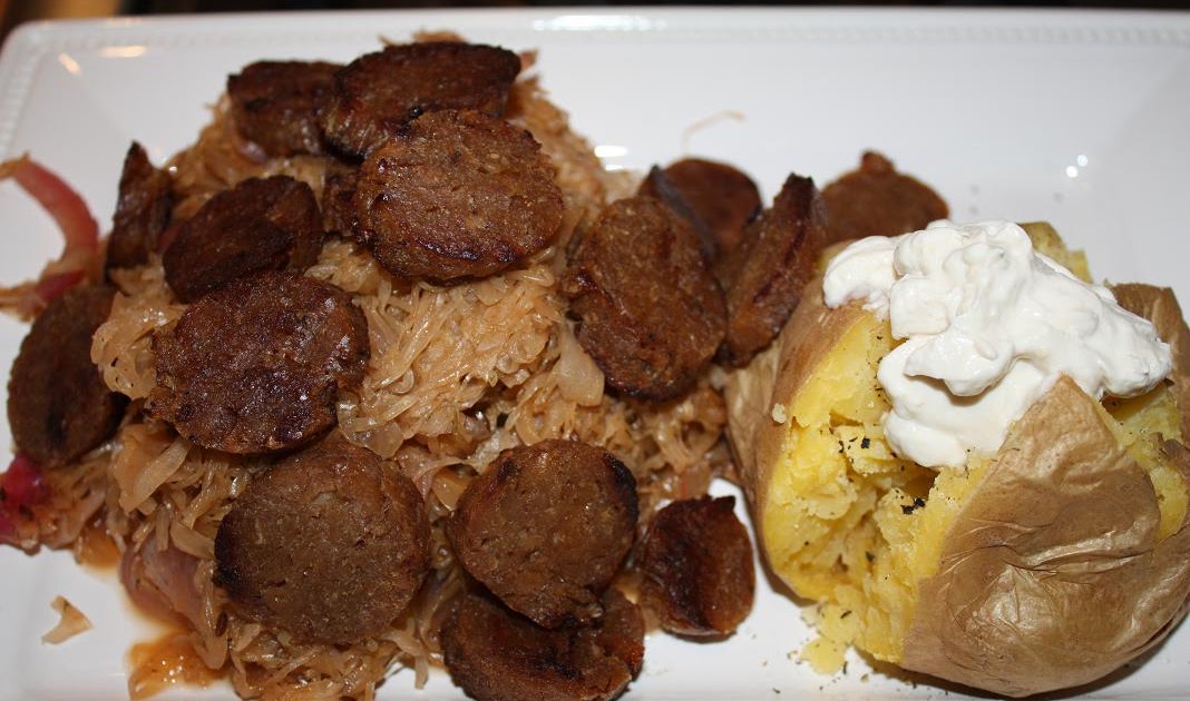 Vegan Epicurean Seitan Beer Brats with Sauerkraut and Baked Potatoes
