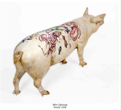 See a more recent post about his tattooed stuffed pigs and tattooed pigskins 