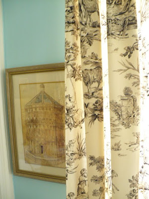 black and cream curtains.  robin's egg blue and I have black and cream toile bedding and curtains.