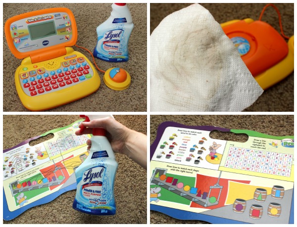 collage of dirt and grime removed from kids toys using lysol