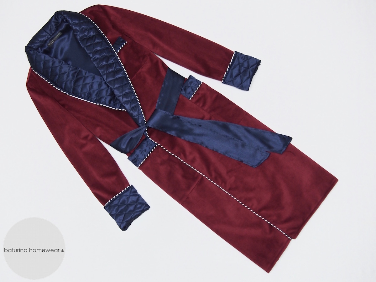 Men's Burgundy Red Velvet & Quilted Silk Dressing Gown