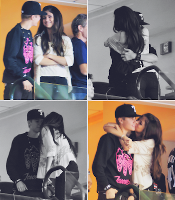 Selena Gomez and Justin Bieber kissing during NBA 2011 Finals