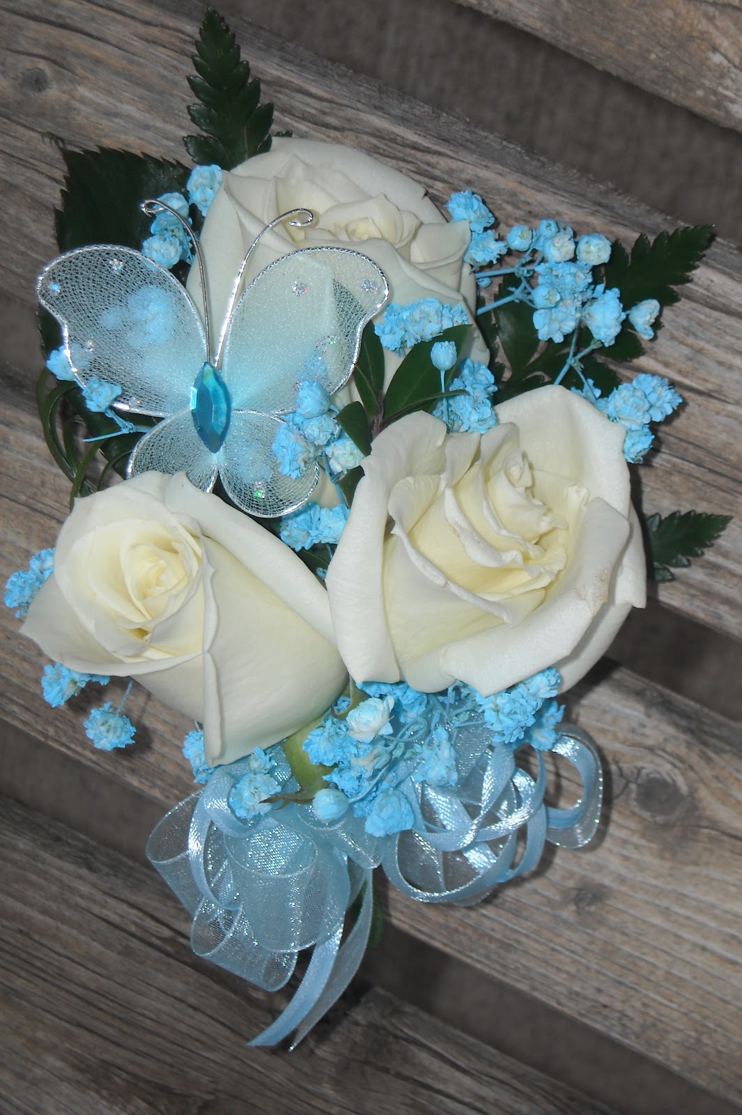 Becky's Blossoms: Prom
 White And Baby Blue Corsage