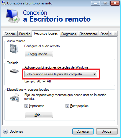 Windows: Usar combinaciones de teclas en una sesión RDP