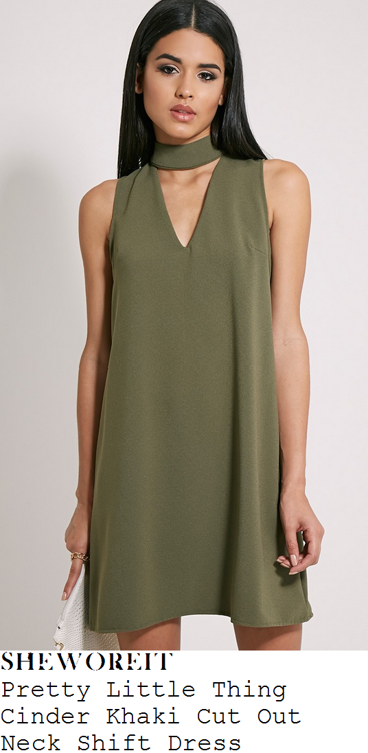 vicky-pattison-khaki-green-high-neck-v-neck-scarf-cut-out-detail-sleeveless-mini-dress
