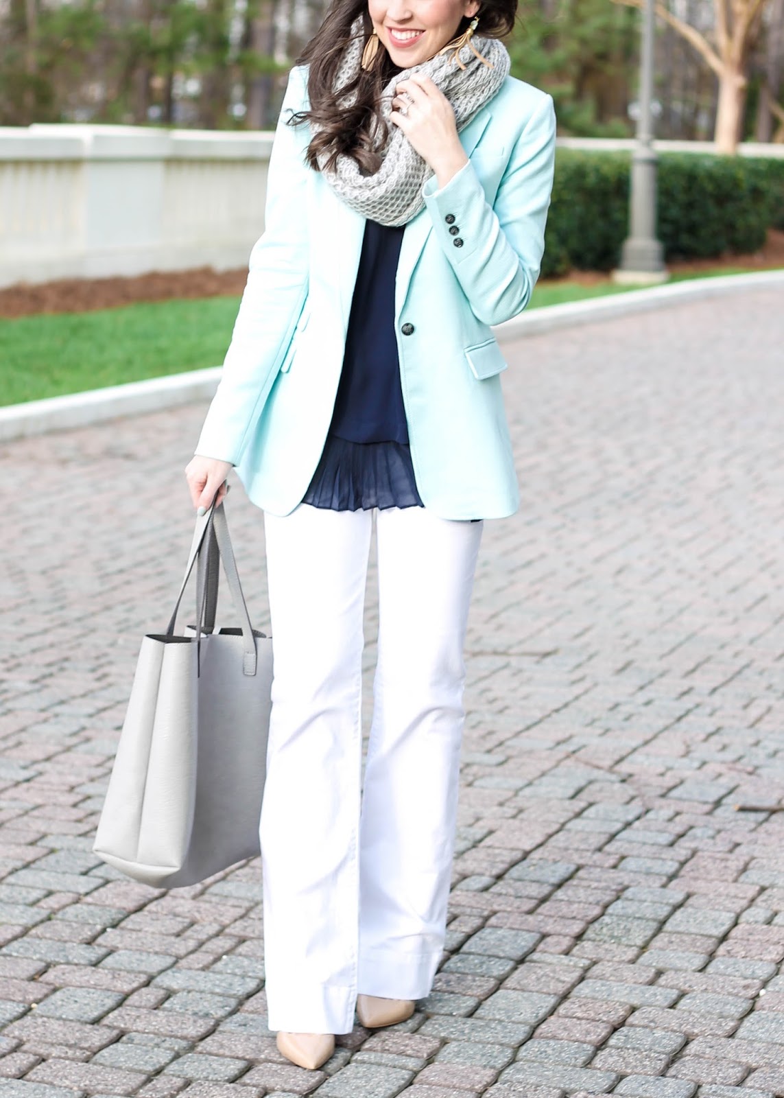 Raven and Riley earrings, Mint Blazer, Banana Republic turquoise blazer, grey knit infinity scarf, white denim wide leg trouser pants, cute winter outfit, winter outfit ideas, work outfit, cute work appropriate outfit, business casual outfit ideas, fashion blogger, north carolina blogger, pretty in the pines blog, LOFT wide leg white pants, 2016 trends, pastel blazer