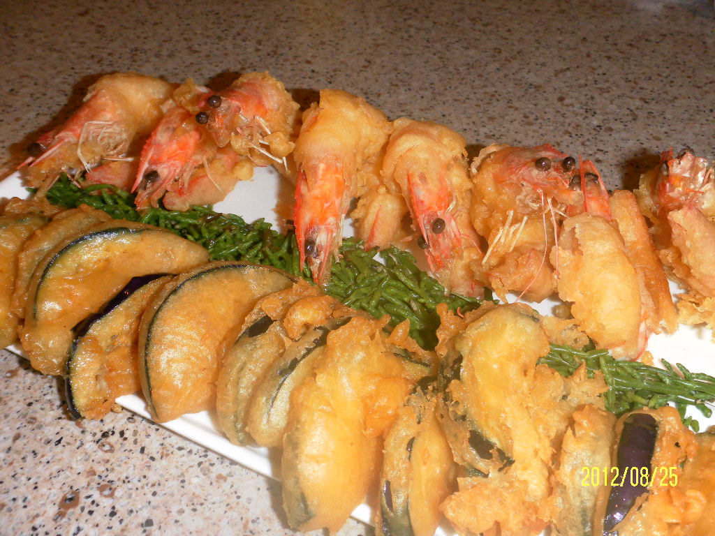 FLOWER POT KITCHEN TEMPURA PRAWNS AND AUBERGINE WITH A WASABI SESAME