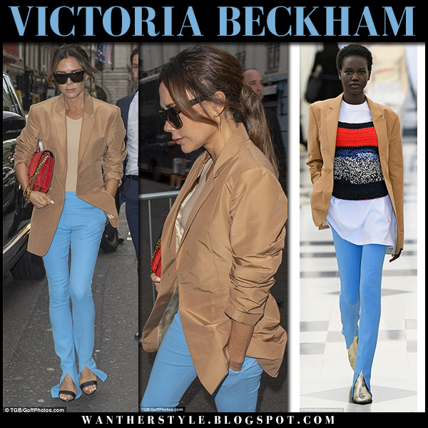 Victoria Beckham in camel blazer and blue slit pants in London on