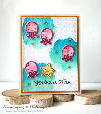 Distress Ink Smooshing to Create an Ocean Background and Color Lawn Fawn Stamps by Jess Gerstner for Lawnscaping