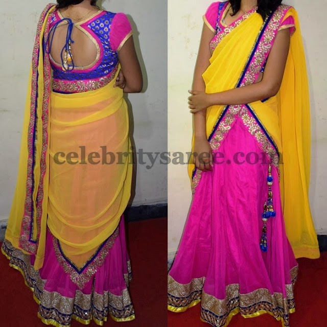 Pink and Yellow Simple Half Saree - Saree Blouse Patterns