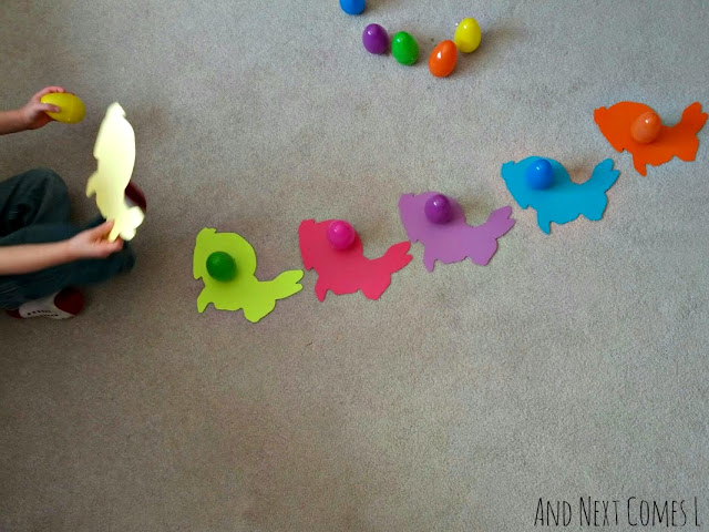 Easter color matching activity for kids using wobbly Easter eggs from And Next Comes L