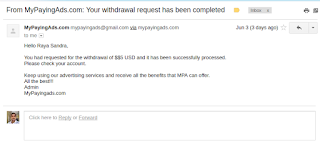 Mail confirmation from MyPayingAds on  5 dollar withdrawal