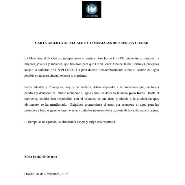 Carta abierta al Alcalde y Concejales de Osorno