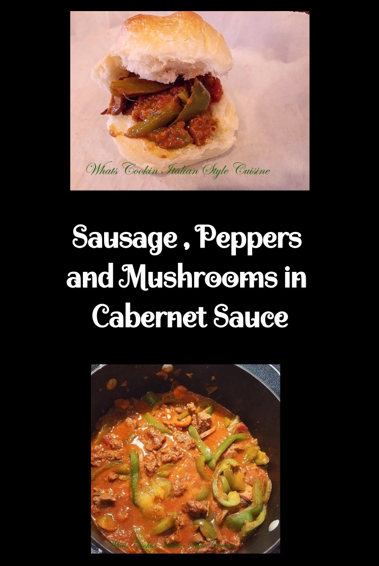 this is a pan of sausage , peppers and mushrooms simmering in a wine sauce using cabernet wine to make this rich tomato Italian sauce for a sandwich