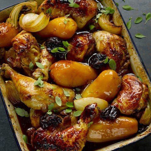 Lindaraxa Chicken With Potatoes, Prunes And Pomegranate Molasses