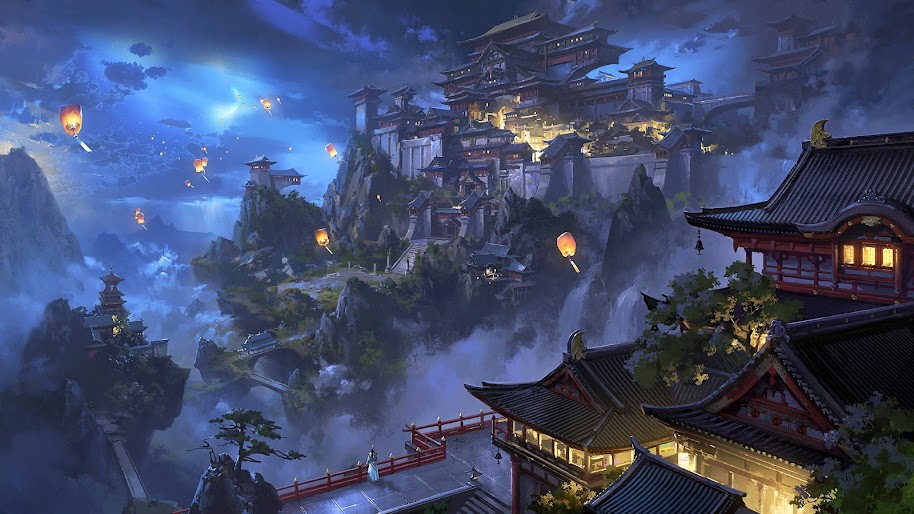 Anime, Sky Lantern, Mountain, Japanese, Castle, Night ...