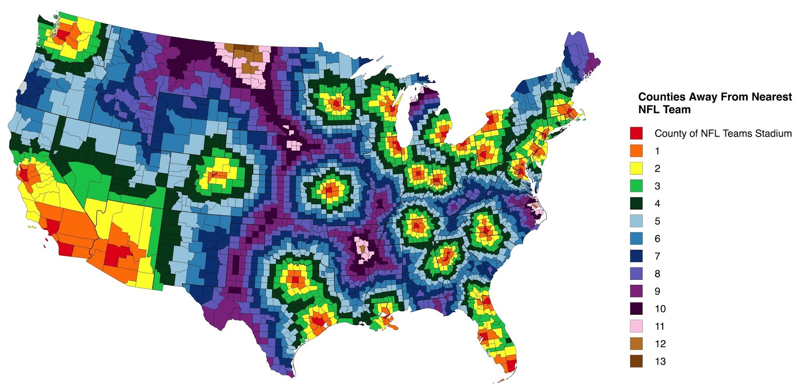 U.S. Counties away from nearest NFL Stadium
