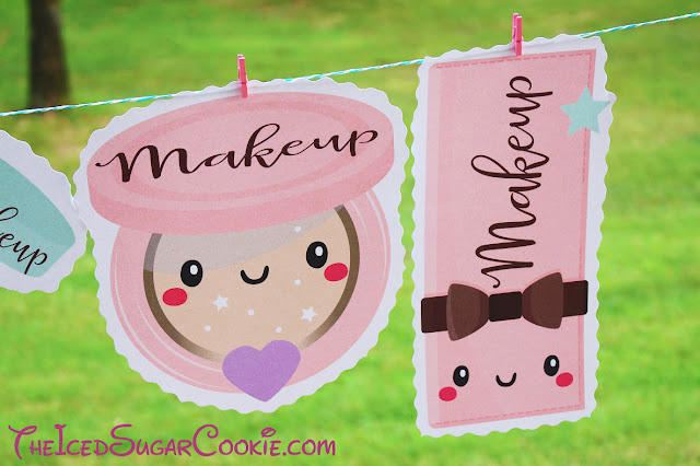 Makeup Birthday Party DIY Banner Ideas-Powder, Lipstick, Powder, Mascara, Makeup Palette, Brushes