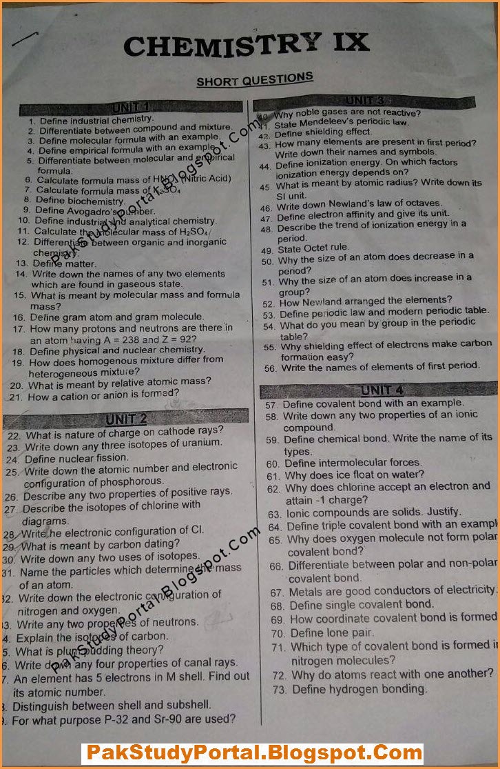 Another Complete 9th Class Chemistry Guess Paper 2018
