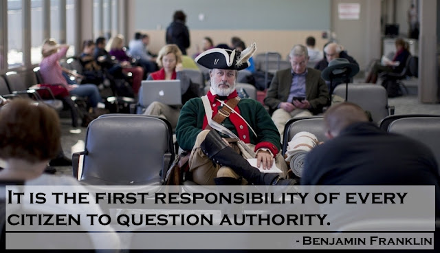 Tea party supporter William Temple at the airpor. Image ironically used to express concern over the Trump destruction of democracy. 