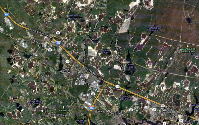 Google Maps Satellite view of Wareham, Massachusetts to see cranberry bogs