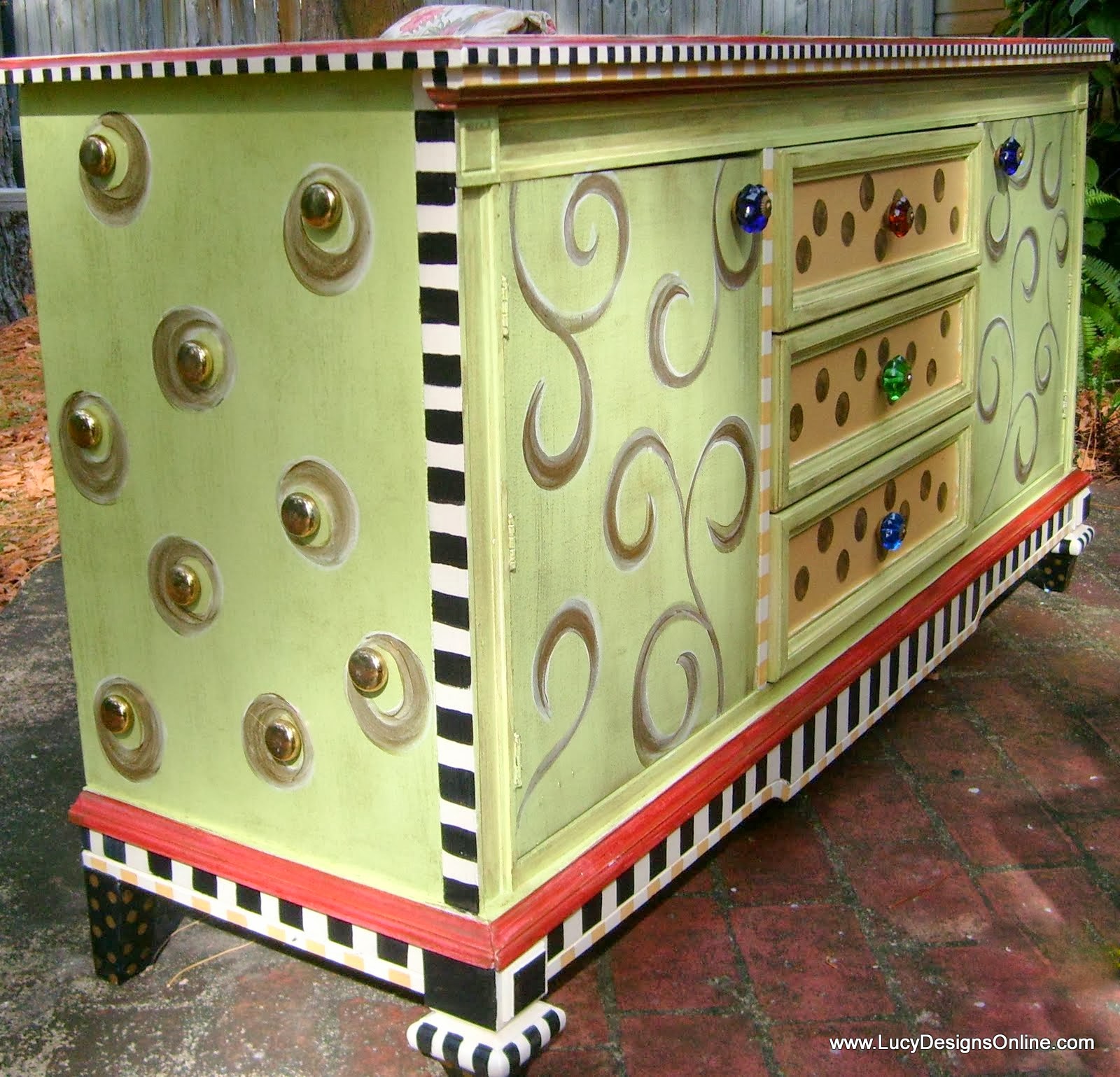 whimsical hand painted black and white check dresser with studs 