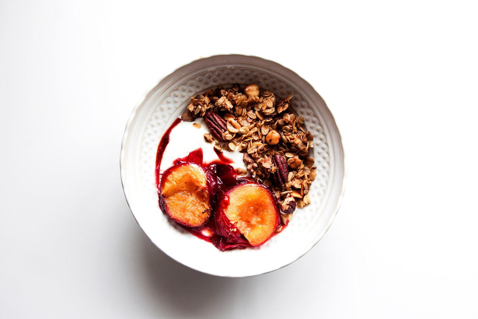 Pecan Granola with Roasted Plums