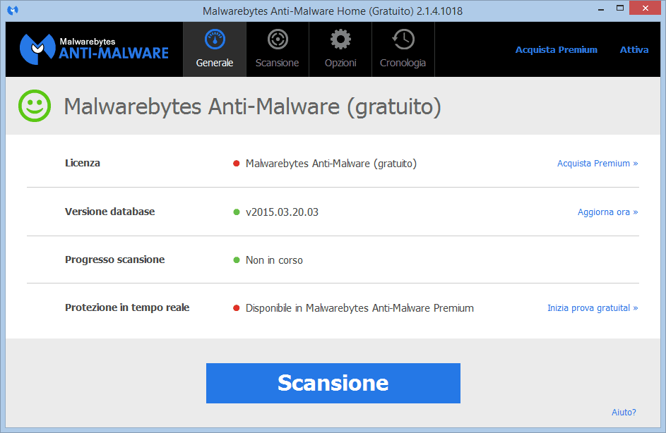Malwarebytes Anti-Malware 2.1 schermata iniziale
