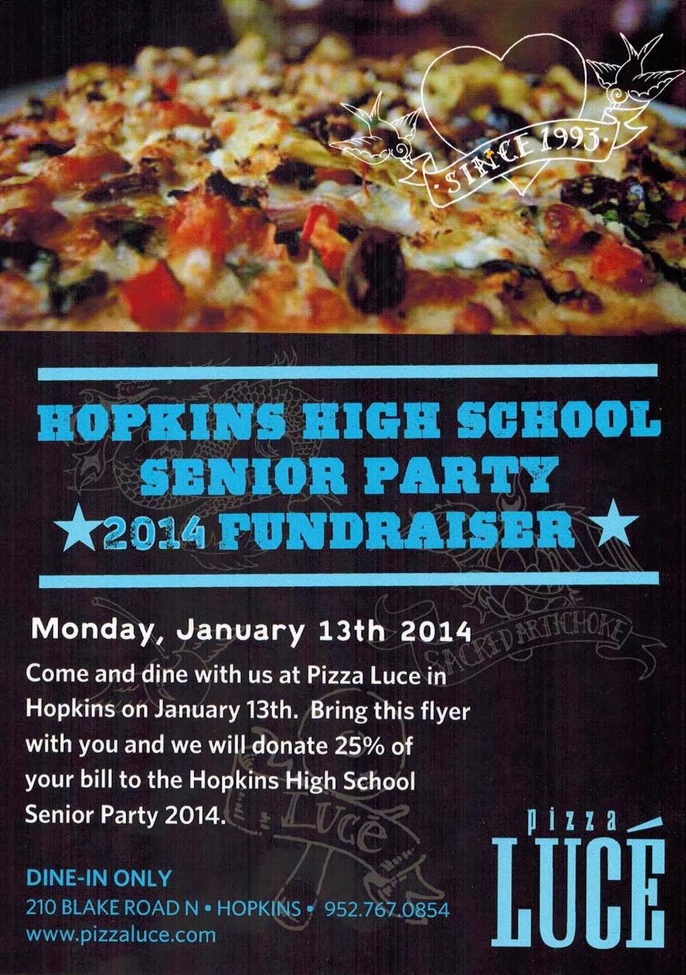 SCHOOL'S OUT 2014 Pizza Luce Fundraiser Flyer 14 January 2014