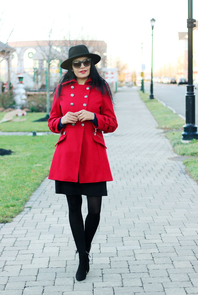 Red Military Coat, H&M Wool Fedora Hat, Red Wool Coat