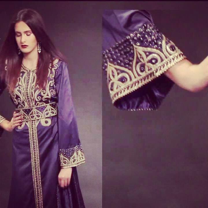 Robe Caftan Marocaine Vintage Mauve & Argent - Brodée Perlée - Taille Unique Avec Doublure - Occasion Très Bon état