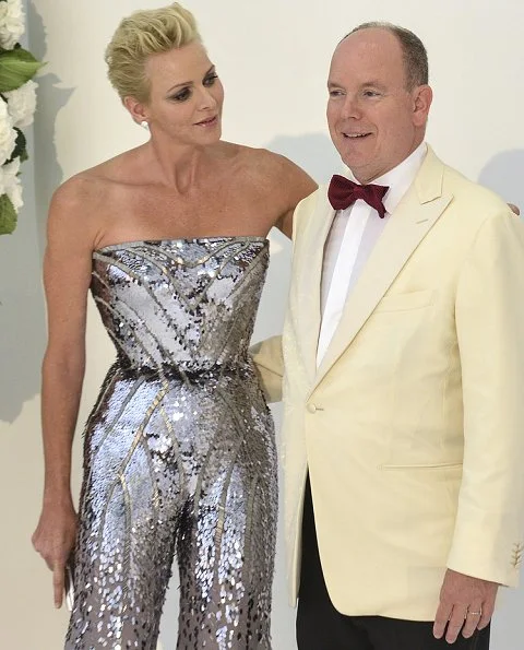 Princess Charlene wore Strapless Silver Sequin jumpsuit at Monaco Red Cross Ball Gala in Monte-Carlo