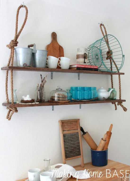Rustically cool rope wall shelving, by Making Home Base, featured on I Love That Junk