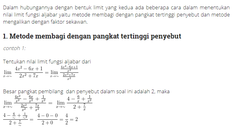 Contoh Soal Limit Fungsi Aljabar Membagi Dengan Pangkat Tertinggi