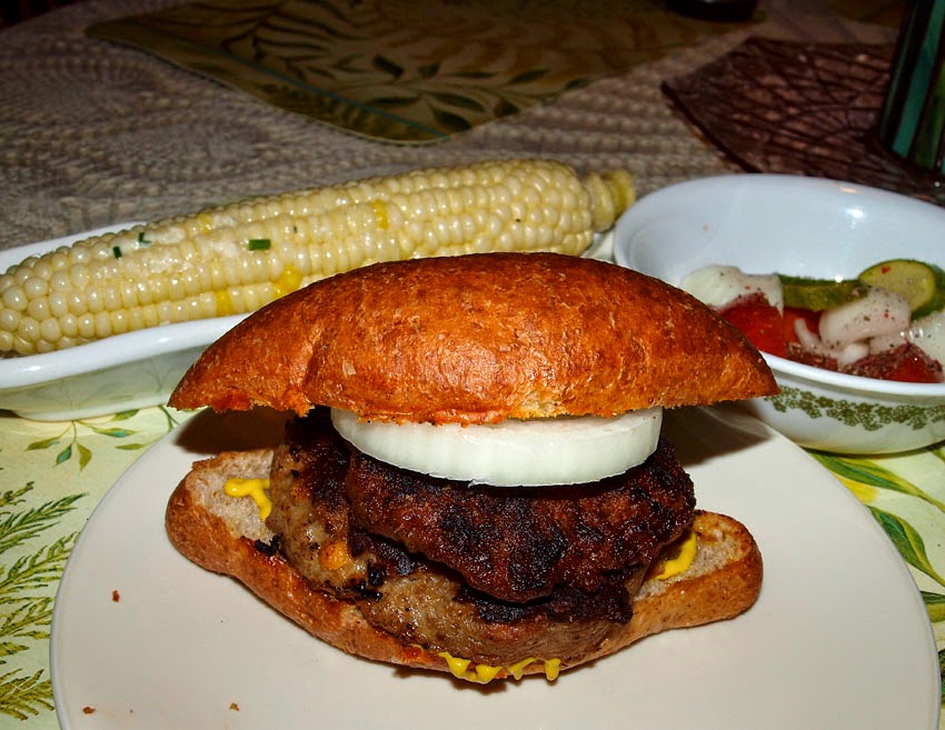 Pellet Smoker Cooking Brat and Chorizo Patties w/Corn on the Cob
