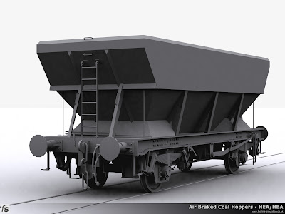 Fastline Simulation - HBA Hopper: Render of the completed HBA hopper shape for RailWorks Train Simulator 2012 before export and release for shape test. This configuration shows one of the early examples of HBA coal hopper with a central ladder, additional handrails and small extra supports to the hopper.