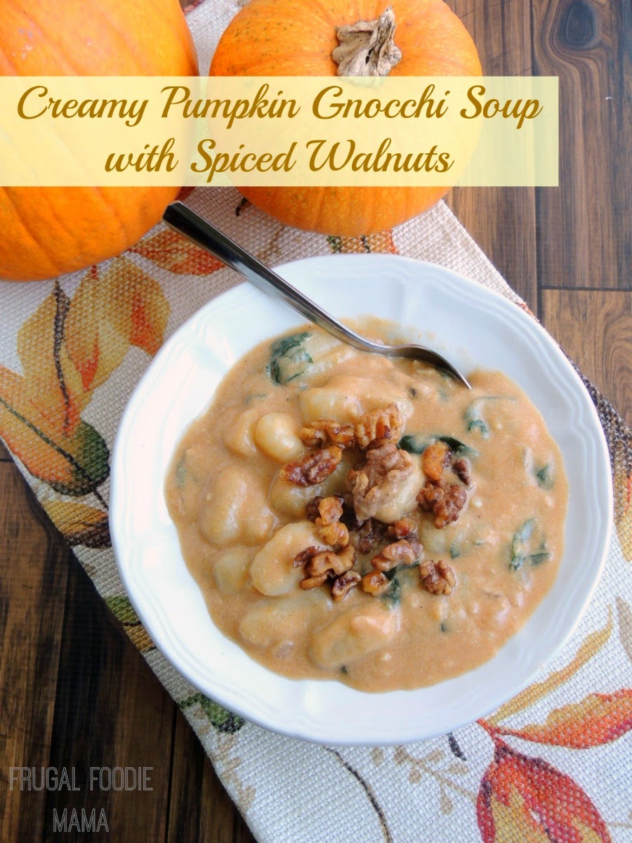 Creamy Pumpkin Gnocchi Soup with Spiced Walnuts- the perfect starter for your Thanksgiving dinner
