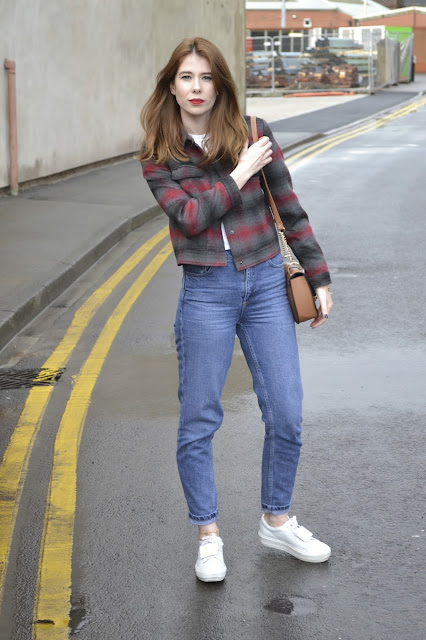 plaid Harrington style jacket from Topshop. Vintage Levis 501 style Mom jeans from Topshop Acne studios white trainers. Tan Primark bag Chloe style